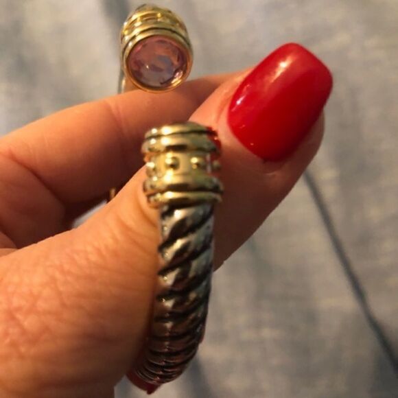 Hinged Classic Cable Cuff Pink Rhinestone End Cap Bracelet - Picture 7 of 8